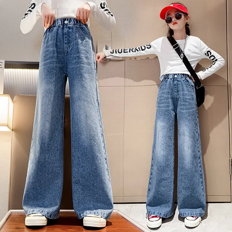 Girls Denim Wide Leg Pants Solid Color Big Flare Pants Loose Jeans For Girls Casual Children Spring Children\'s Clothes 5-14Years