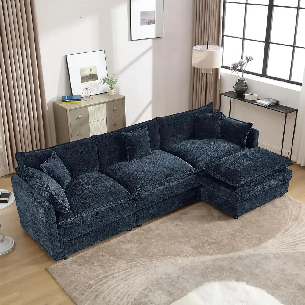 

L-Shaped Deep Seating 3-Seat Sofa with Ottoman, Cloud Comfort Living Room Furniture (Blue, 3+1)