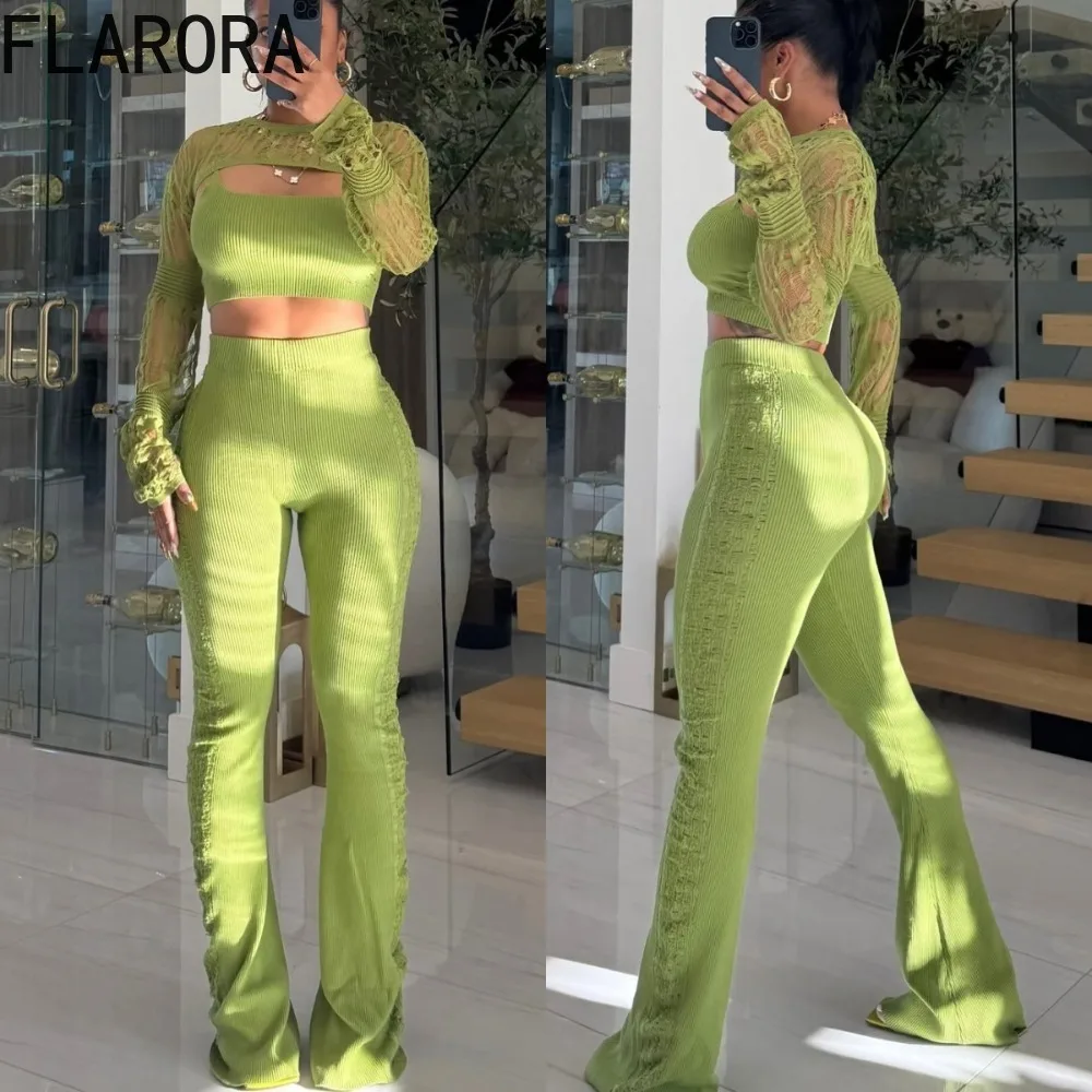 

FLARORA Autumn Knit 3 Pcs Set Woman Hollow Out Long Sleeves Crop Tops+Tanks+Skinny Flare Pants Outfits Female Street Tracksuits