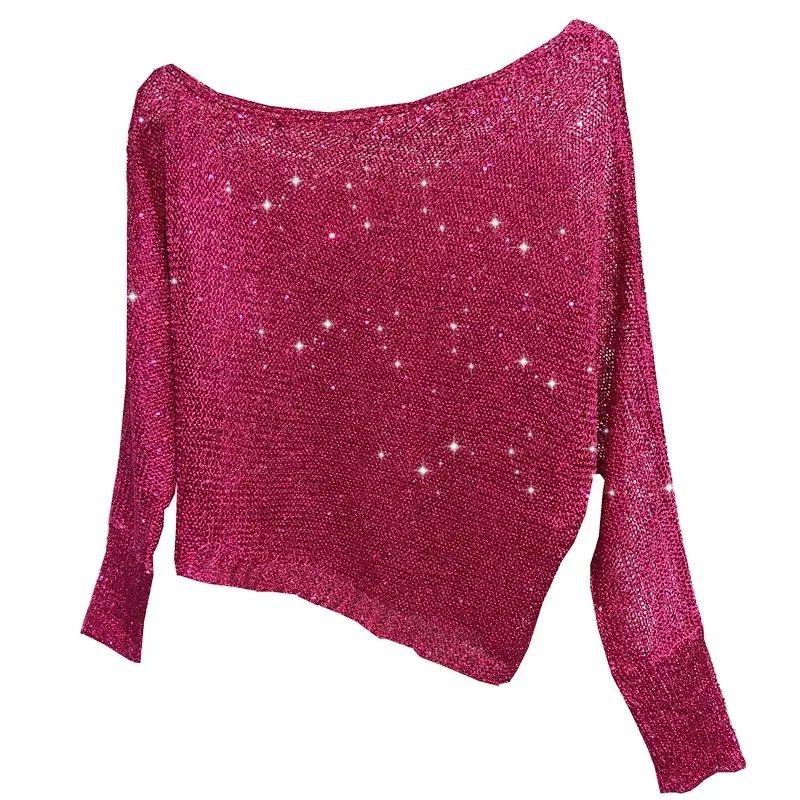 Sequins Inclined Shoulder Off-the-shoulder Sexy Long-sleeved Knitted T-shirt Short Version Sets Bright Gold Silk Blouse Fall