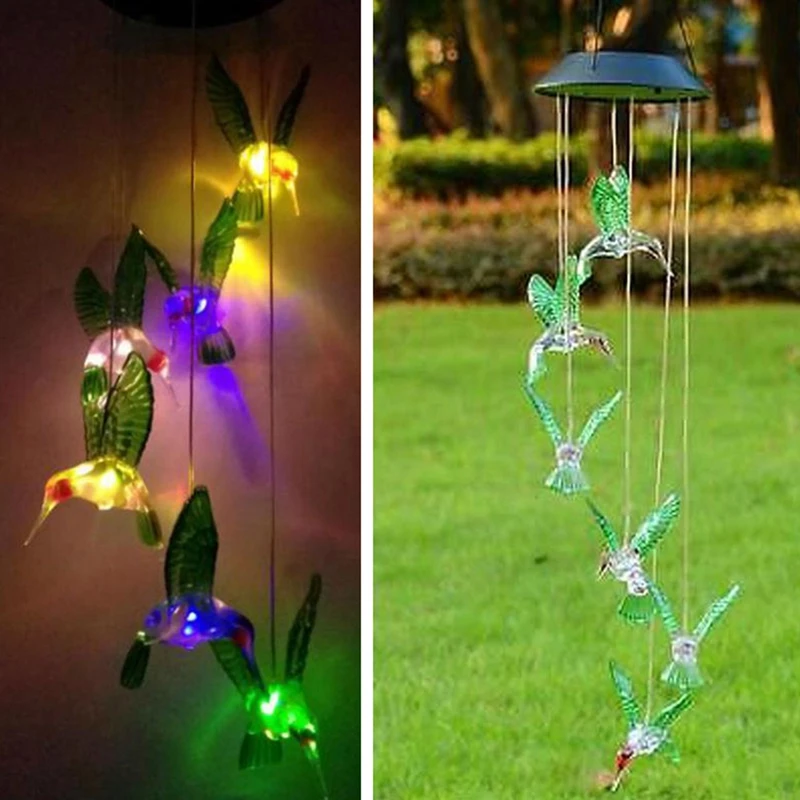 Humming Bird LED Solar Light Romantic Windbell Wind Chime String Lamp Pendant Color Changing for Garden Patio Yard Decor Lamp
