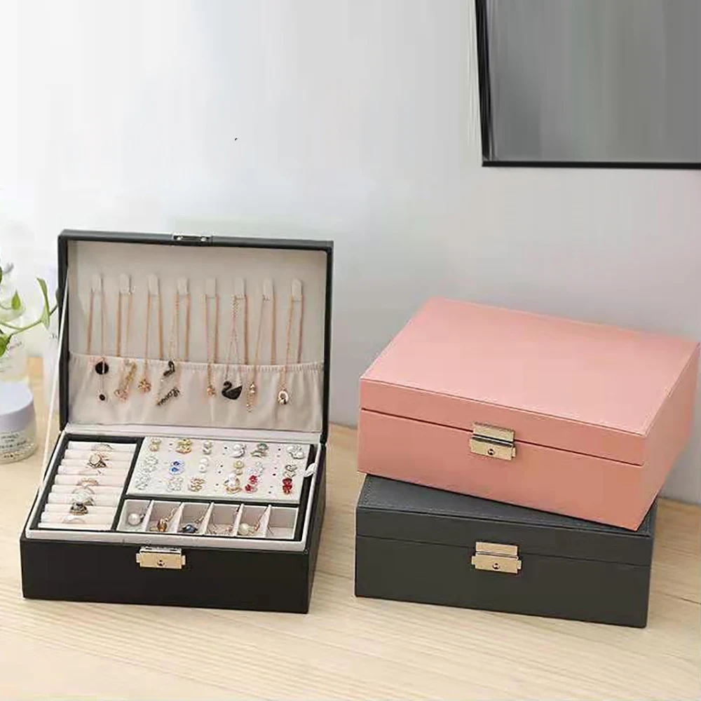 Jewelry Box Double Layer Storage Velvet Cosmetics Holder Leather Large Gift Case Organiser