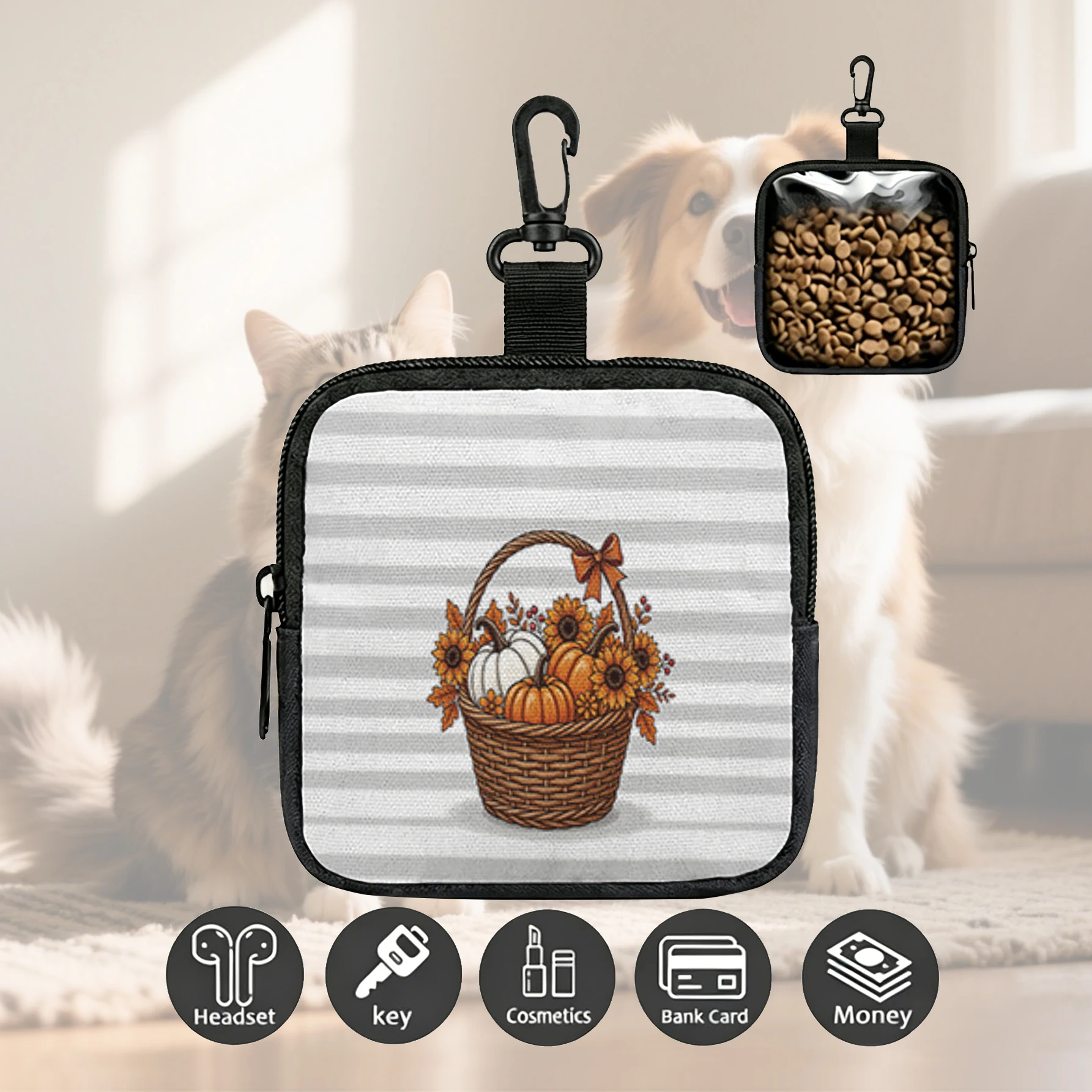 Autumn Basket Pumpkin Sunflower Print Pet Treat Bag Mini Zipper Pouch With Carabiner, Portable Dog Snack Pouch