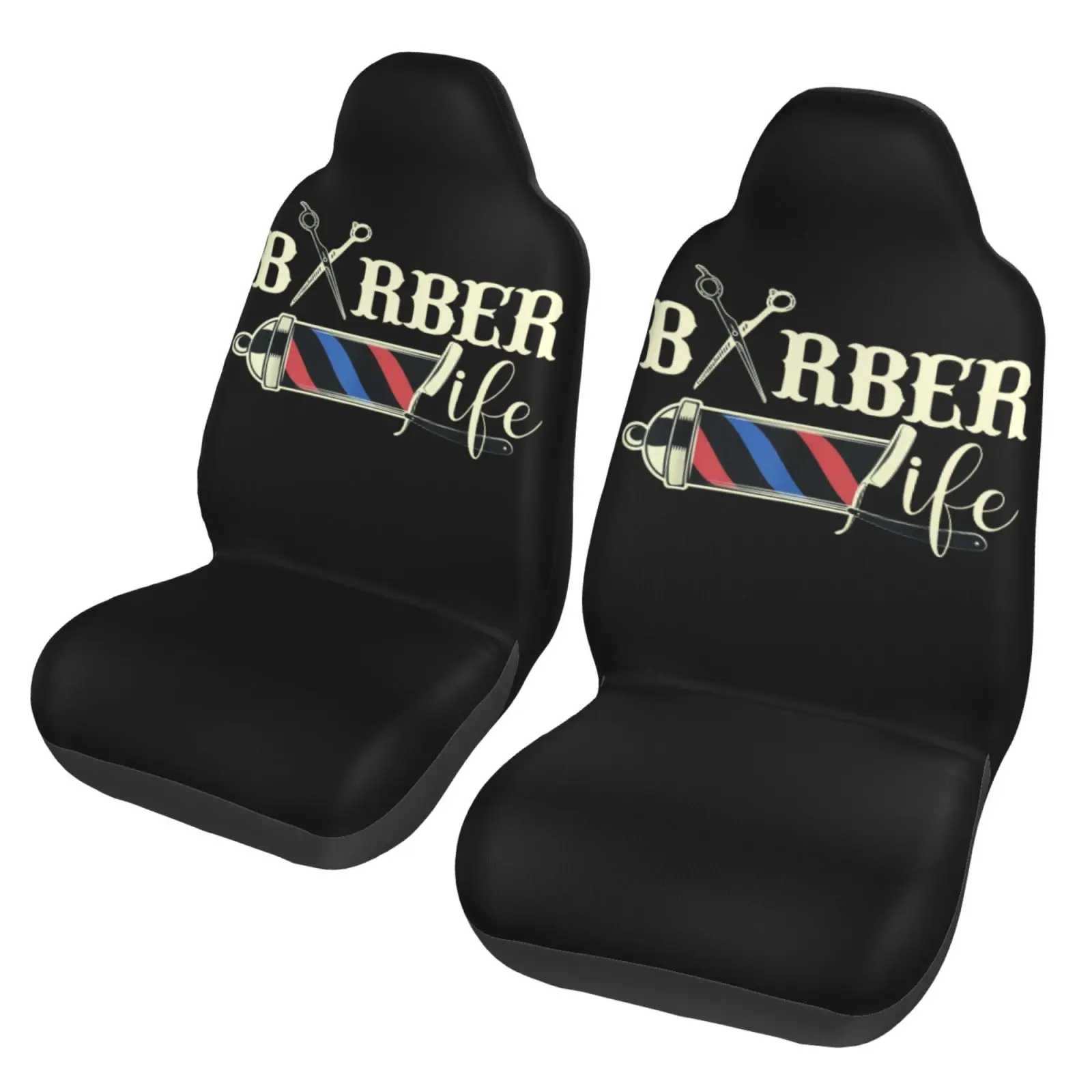 Barber Life Pole Scissors Blade Vintage Shop Car Seat Cover 2pcs Printing Universal Front Protector Accessories Cushion Set