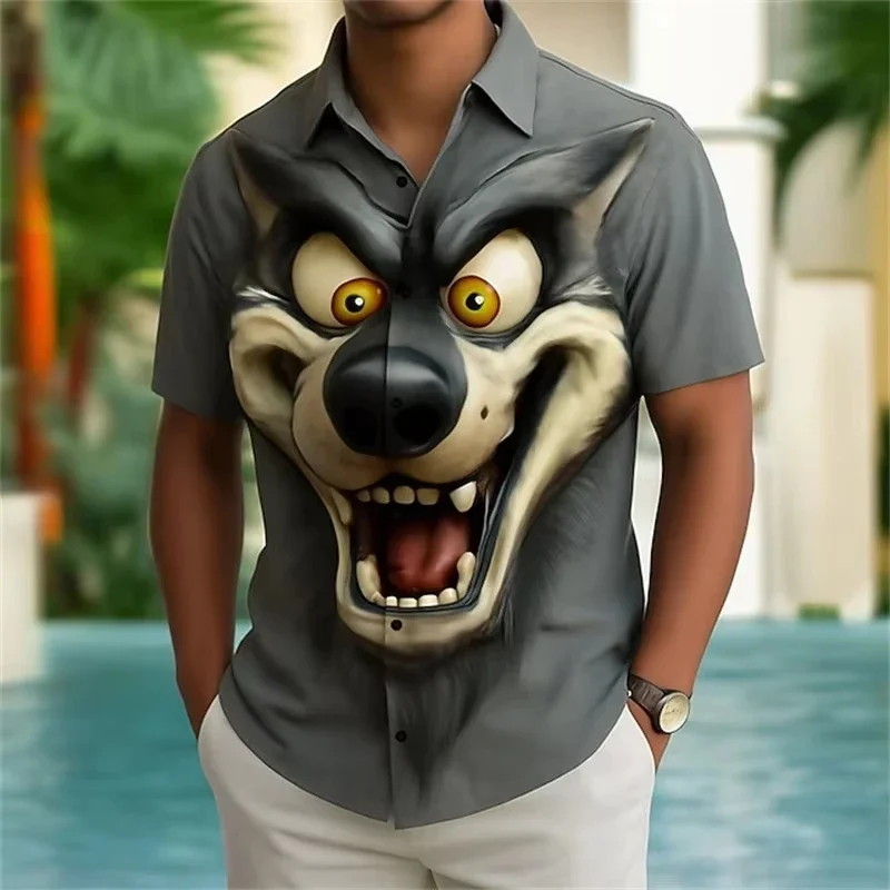 Hawaiian Men's Shirts Funny Animal Face Shirt For Men New Fashion Cartoon Rooster Wolf Face Casual Vintage Harajuku Blouse