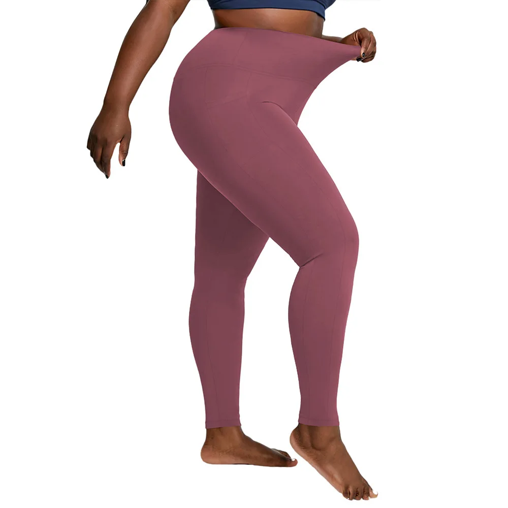 �Damen-Yoga-Leggings in Übergröße mit hoher Taille und Taschen | Bauchkontrollierende, hüftbetonte Workout-Strumpfhose in einfarbigen Farben für das Fitnessstudio – Detail 12