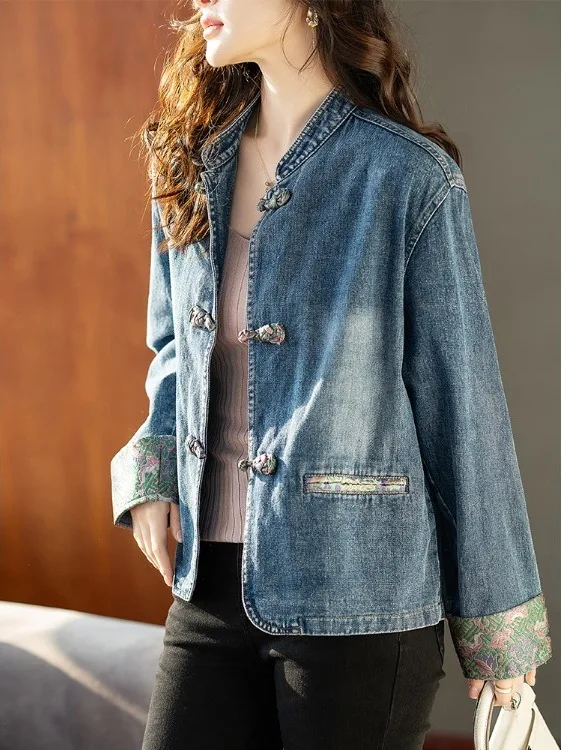 New Chinese Style Women's Denim Jacket 2026 Spring Autumn Popular Top Polyester Fiber 100% Short Outerwear for Ladies