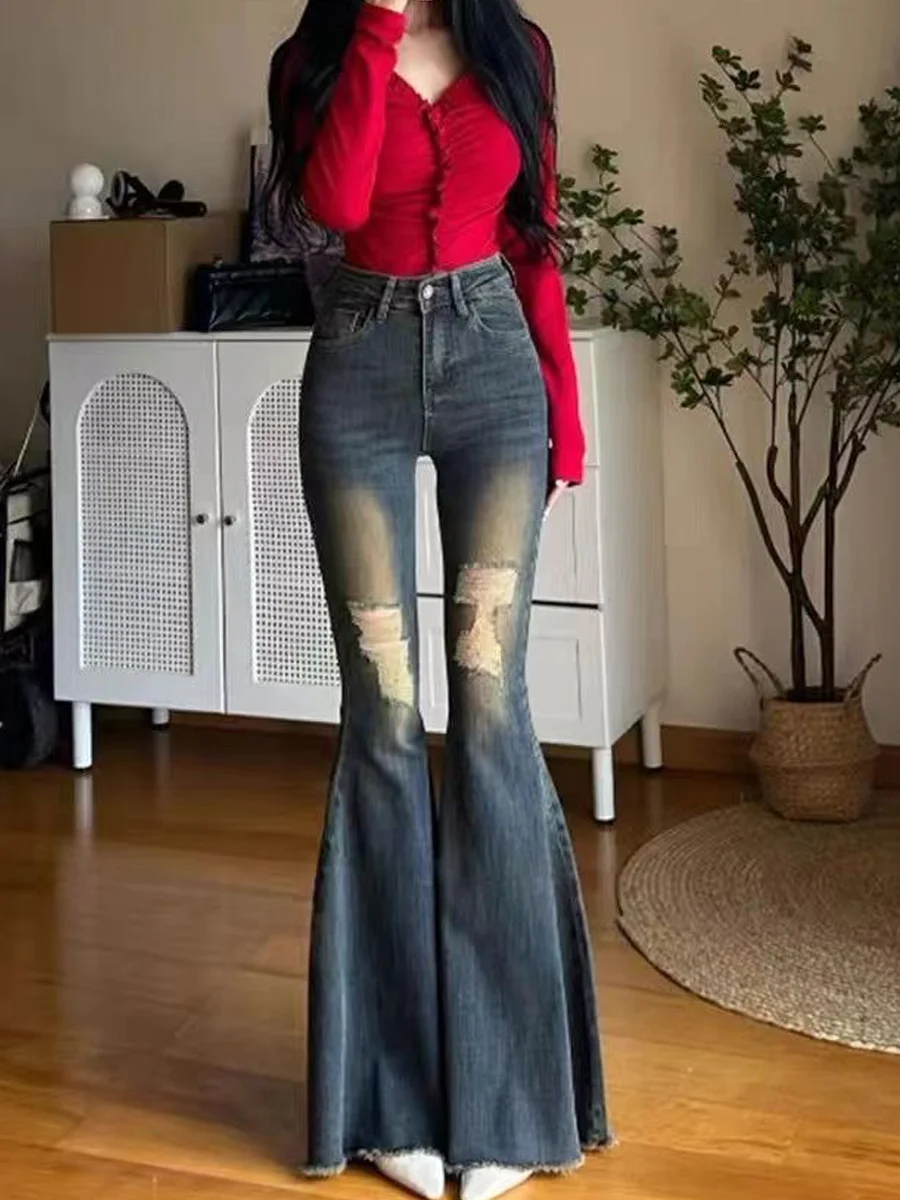 Retro Blue Hole Large Flared Elastic Denim Jeans Women's New Autumn Slim High Waist Spicy Girl Long Pants High Waist Jeans