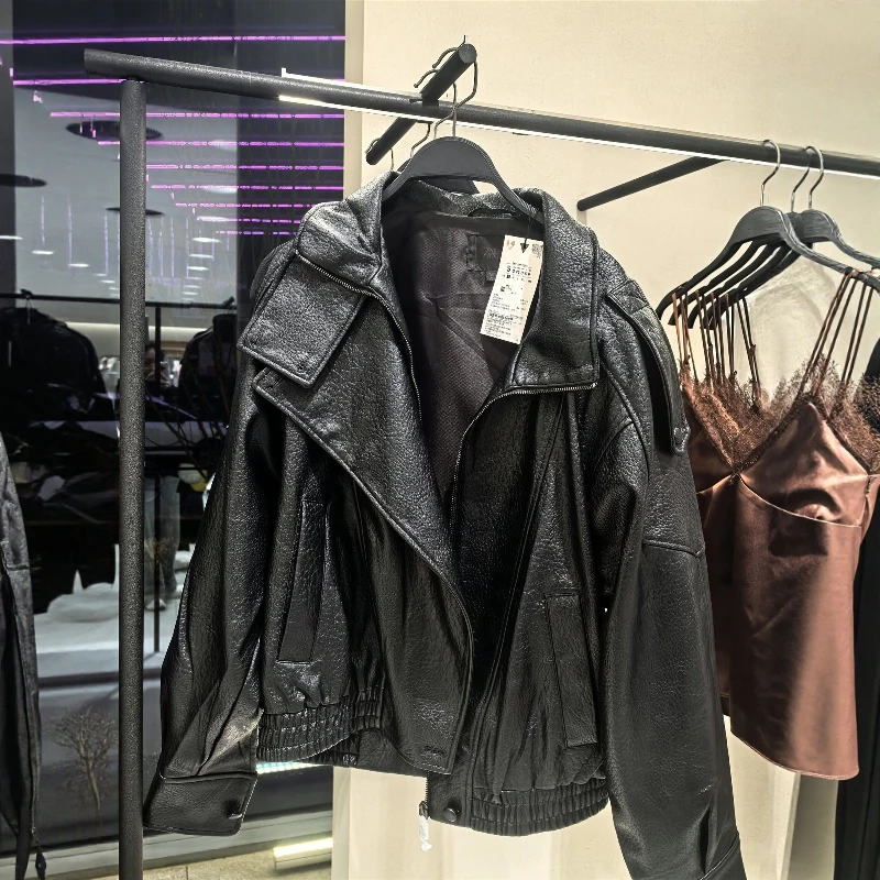 Frauen Lange Sve Zipper Kunstleder Jaet Stehkragen Mantel Herbst Neue Ankunft Casual Pendeln Sle Lose Fit Leder Mantel