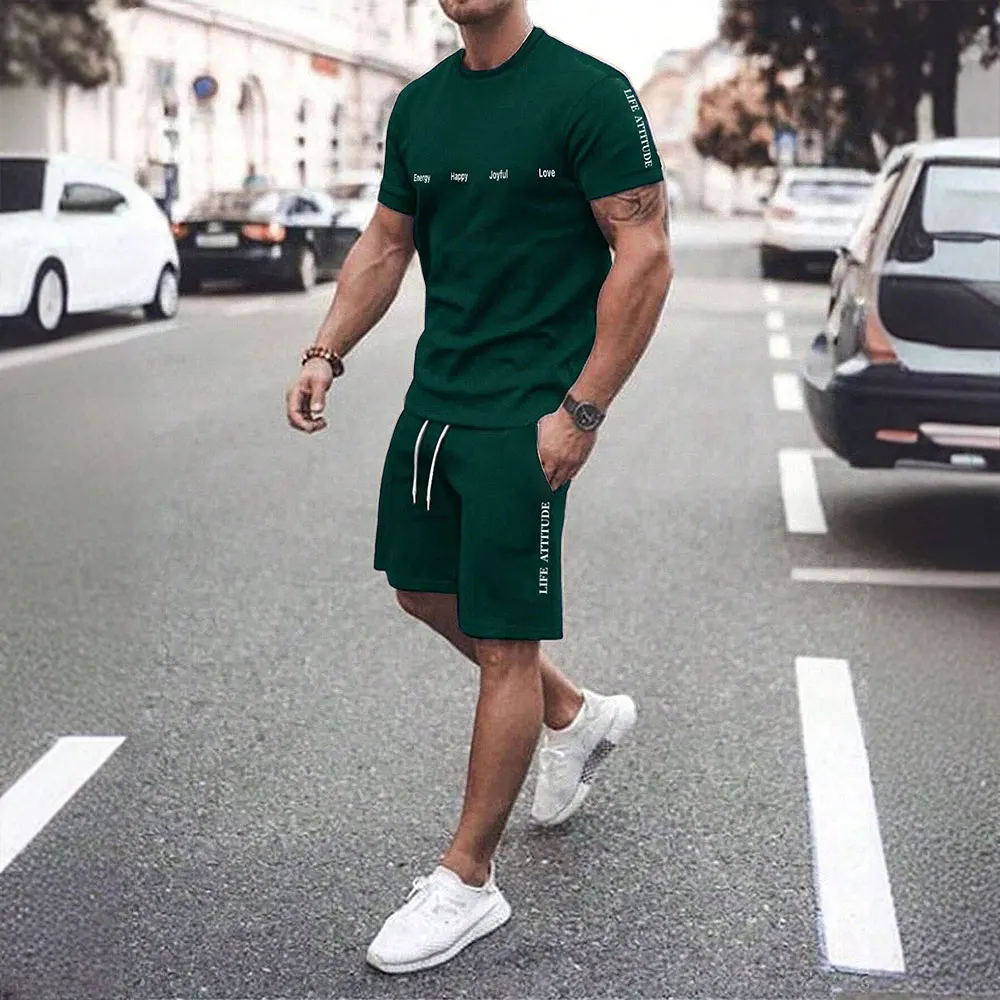 Summer Men's Fashion Short Sleeve Shorts Set New 3D Letter Printed Short Sleeve T-Shirt and Drawstring Shorts 2 Piece Set 2024