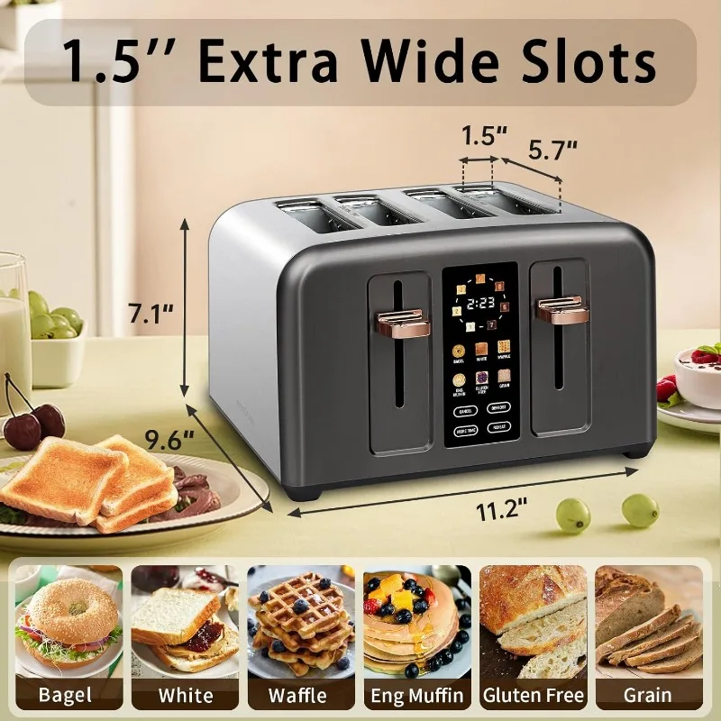 4 Slice Stainless Toaster & Touch Control, LCD Display, 6 Bread Type, 7 Shade Settings, 1.5'' Wide Slots,Removable Crumb Tray