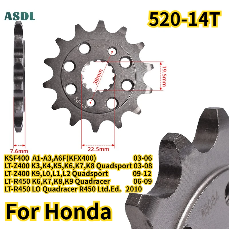 520-14T 520 Chain 14 Teeth Moto Front Sprocket For Honda KSF400 KFX400 LT-Z400 LTZ400 Quadsport K3-K8 03-2012 LT-R450 Quadracer