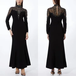 Robe de Soirée de Forme Sirène en Jersey à Paillettes, Tenue Personnalisée, à Col Haut, à Manches sulf, de Couleur Noire, pour Occasions, sur Mesure