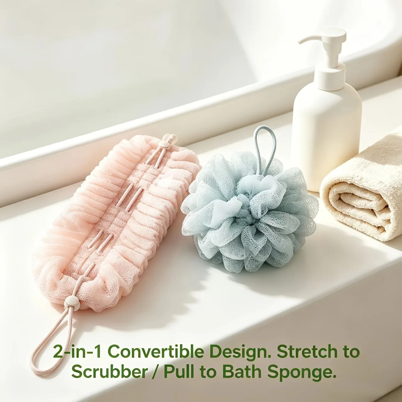 Adjustable 3-In-1 Back Bath Loofah,Stretchable Convertible Multi-Use Bath Ball,Long Back Scrub Strap,Cloud-Soft Shower Sponge