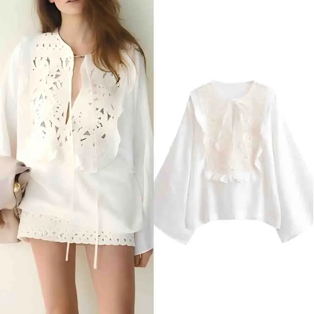 

Women's new fashion floral lace patchwork shirt loose comfortable long sleeved shirt retro O-Neck lace up women's shirt chic top