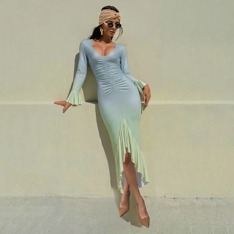 Bangniweigou Color-Block Long Sleeve Bodycon Midi Dress women elegant v neck ruffles pleated sheath blue