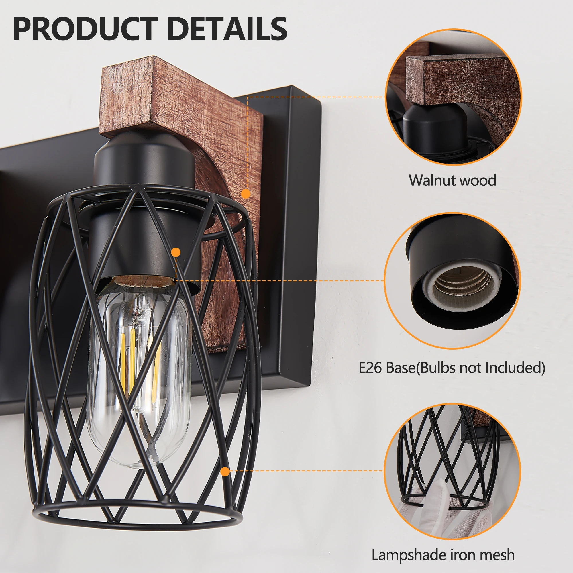 L001027-W7H Iron Wire Mesh Lampshade Mirror Front Light, Rust-Proof and Waterproof, Suitable for Bathroom Vanity, Power Supply Hardwired, Compatible with E26 Light Source, North American Ul Certified, Minimalist Style