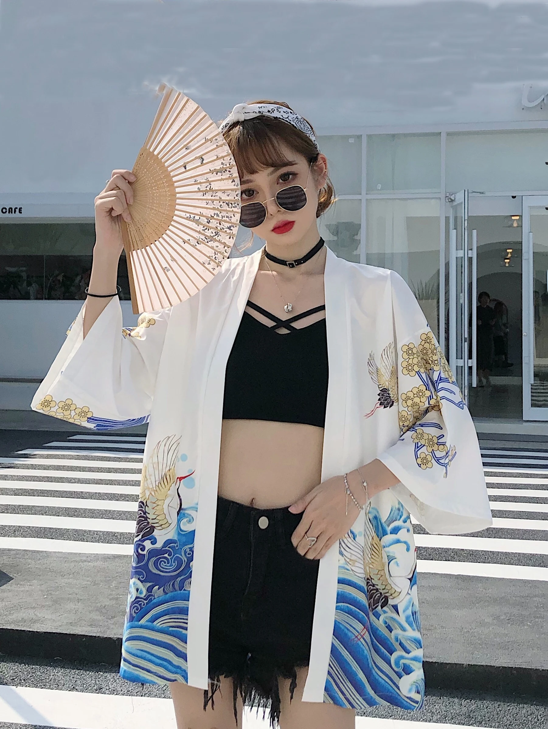 الصيف اليابانية الرجعية Ukiyo-e كرين طباعة كيمونو سترة مفتوحة يوكاتا فضفاضة ثلاثة أرباع كم المعطف الاتجاه #2