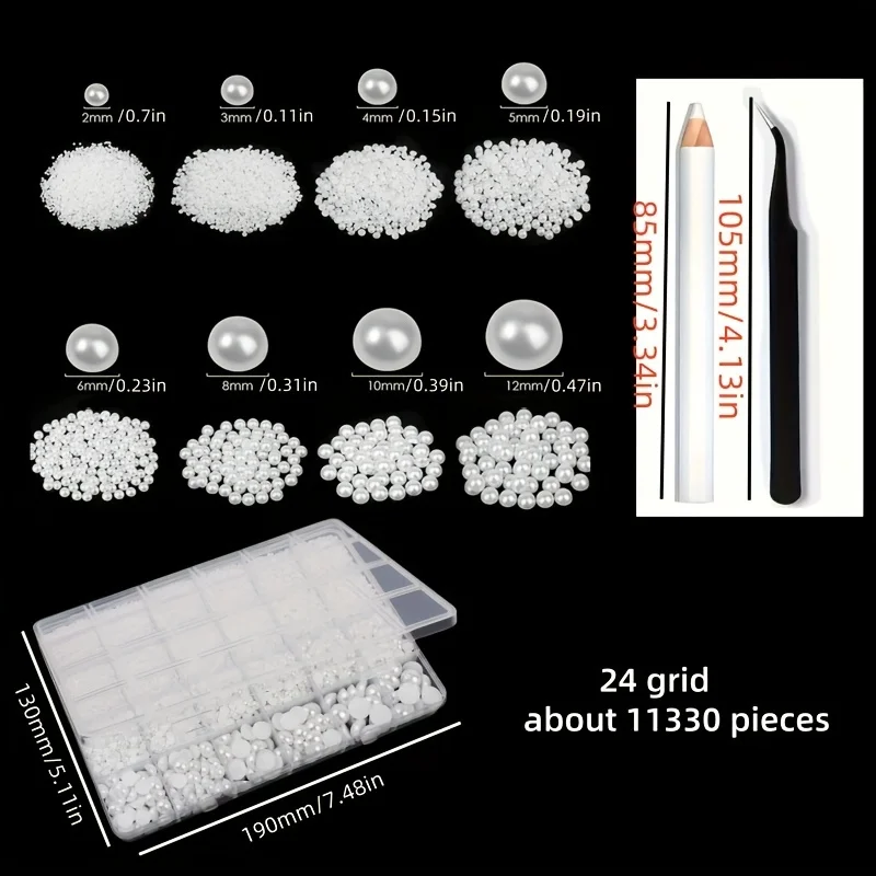 11330 ชิ้น 24 กริดสีขาวแบนไข่มุกเล็บสำหรับตกแต่งเล็บ, ครึ่งรอบไข่มุกสำหรับงานฝีมือ