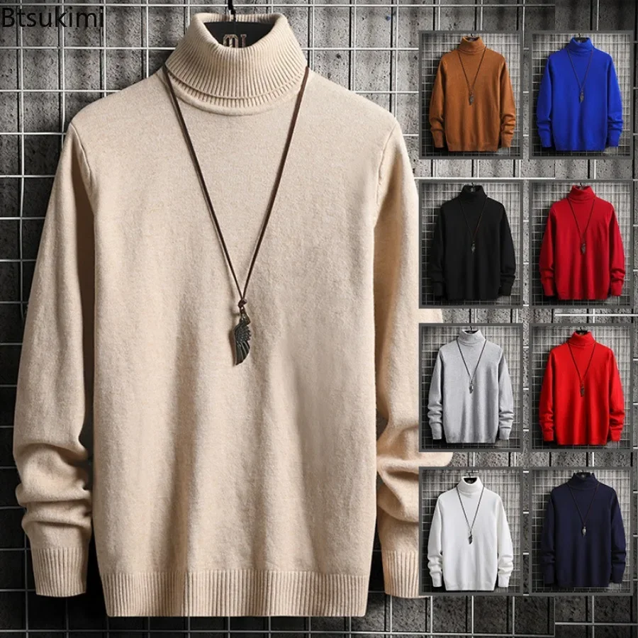 2024 Turtleneck Sweaters Men\'s Solid Pullovers Knitted Sweater High Collar Knitwear Pullovers Autumn Winter Warm Sweater for Men