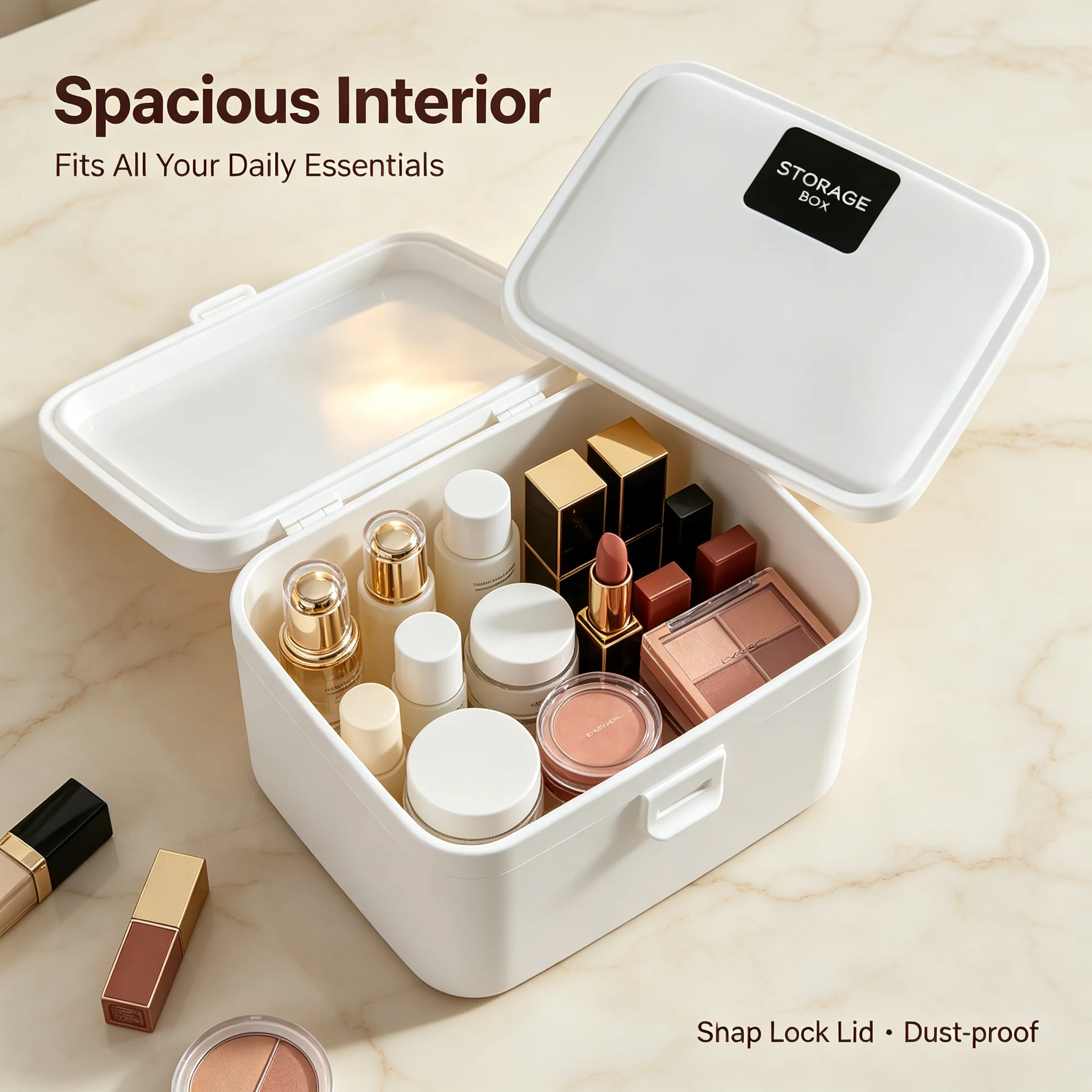 Multifunctional Flip-Top Storage Box with Snap-On Closure, Desktop Organizer for Cosmetics, Cards, Jewelry, and Stationery / Portable Travel Storage in White and Gray