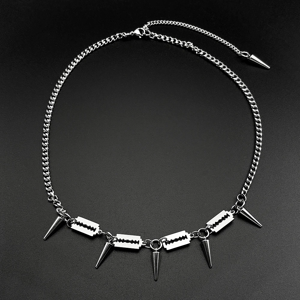 Punk Razor Blade Spike Choker Necklace For Men Stainless Steel Curb Chain Gothic Rock Spiked Collar Streetwear Rapper Jewelry