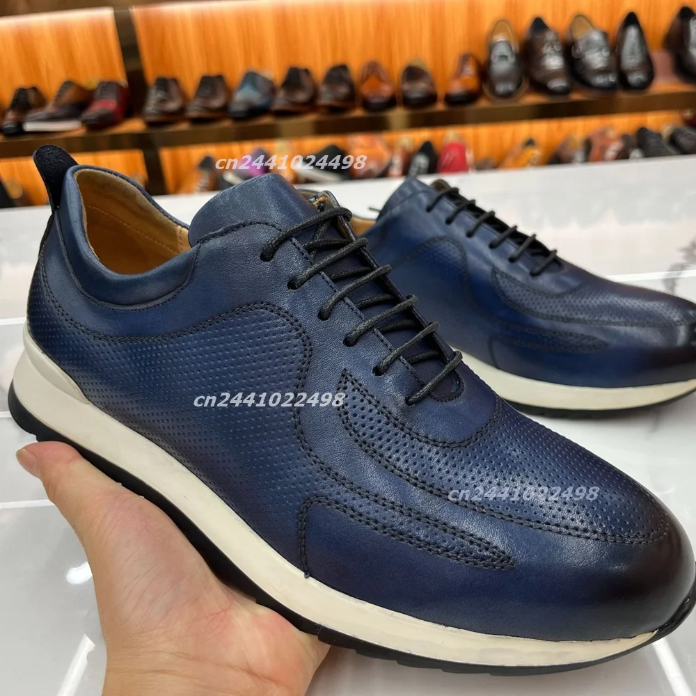 Men Lace up Casual Sneakers Perforated Punch Hole Upper Gradient Color Toe Multi Panel Stitched Two Tone Thick Cushioned Outsole