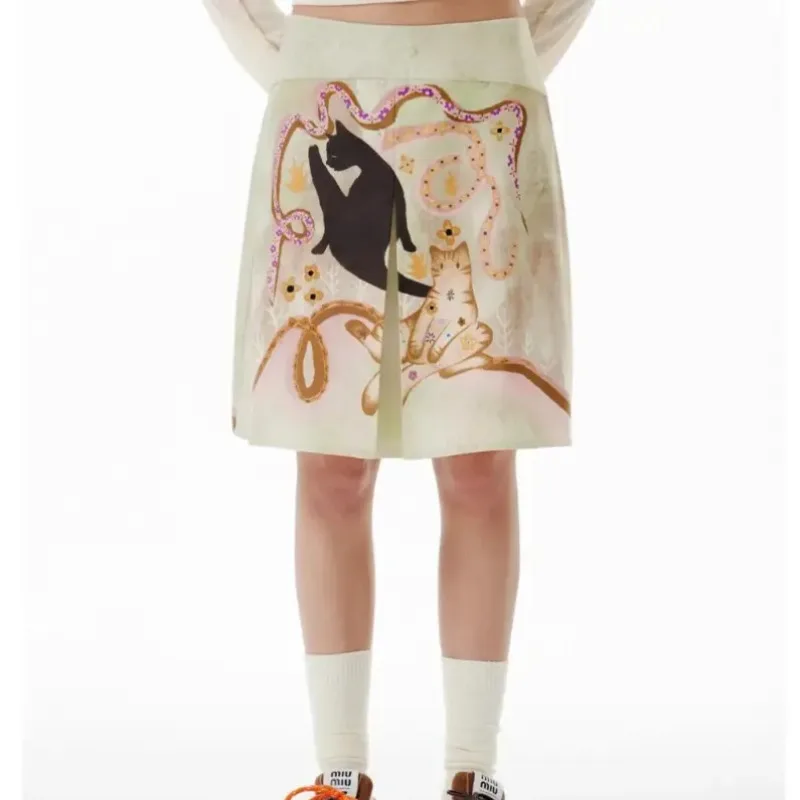 New Fashion Cartoon Cat Printed Summer Skirt Women Casual A-line Split Folds Mini Skirts  Y2K Harajuku Runway Holidays Jupe