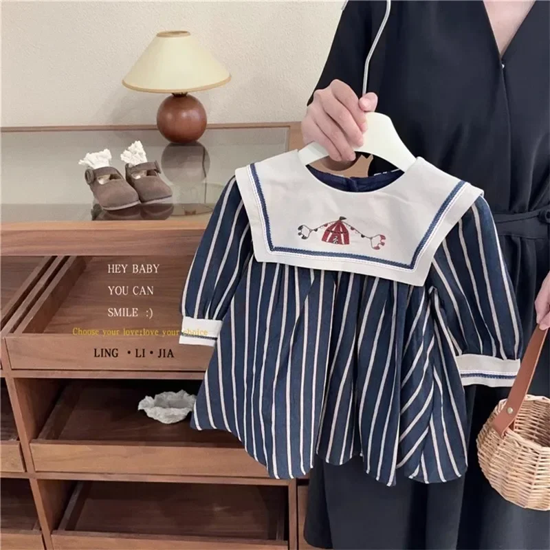 Autumn Girls Dress College Style Dresses Spring Fashion Embroidered Navy Neck Striped Dresses Girl Princess Casual Clothes 2-7Y