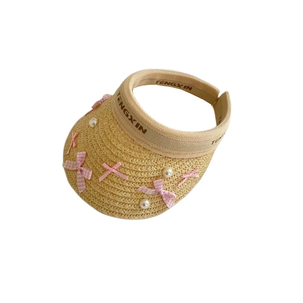 

Bowknot Kids Summer Straw Hat Wide Brim Empty Top Large Brim Sun Visor Cap Breathable UV Protection Empty Top Baseball Cap