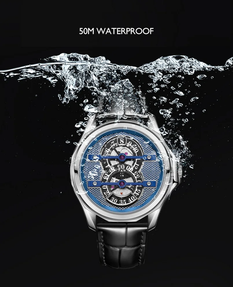 OBLVLO Мужские автоматические часы 41 мм Механические наручные часы Jump Hour Водонепроницаемые сапфировые светящиеся скелетонизированные циферблаты