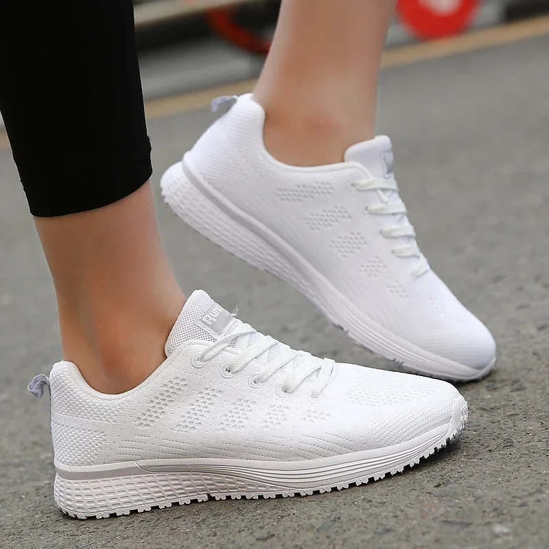 2026 Women Casual Shoes Fashion Breathable Walking Mesh Flat Shoes Sneakers Women Gym Vulcanized Shoes White Female Footwear