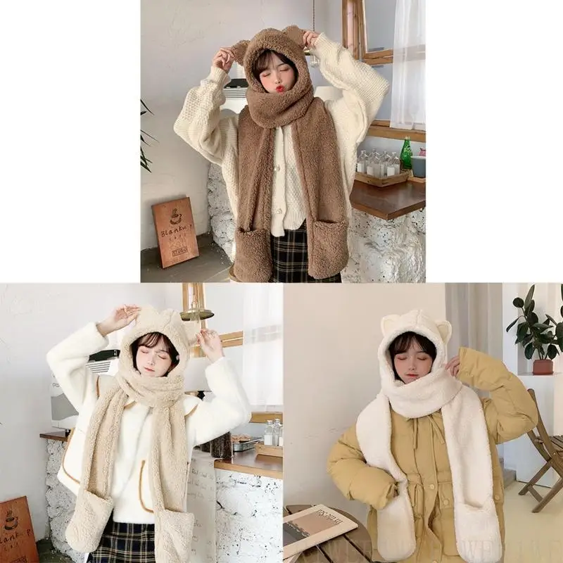 

R1WE Winter Warm Women Hoodie Gloves Pocket Earflap Hat Long Scarf Shawl Wraps for Cat Ears Cold Weather Fleece Neck War