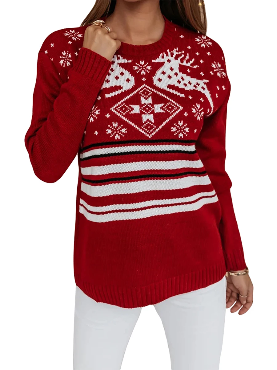 Women s Christmas Sweaters Classic Snowflake Stripes Print Long Sleeve Round Neck Pullover Knit Tops