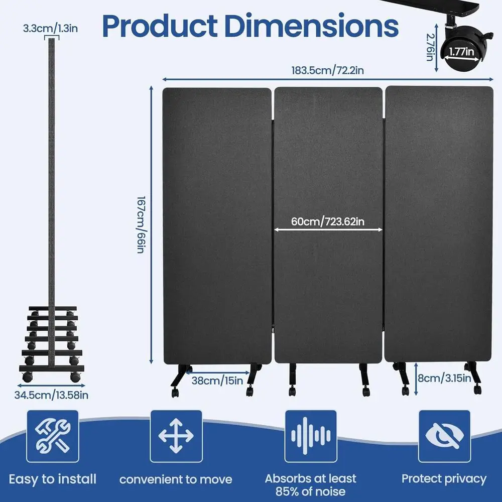 72 3-Panel Heavy-Duty Acoustic Room Divider with Wheels for Noise Reduction, Portable Divider for Home, Hospital, Classroom - Gr