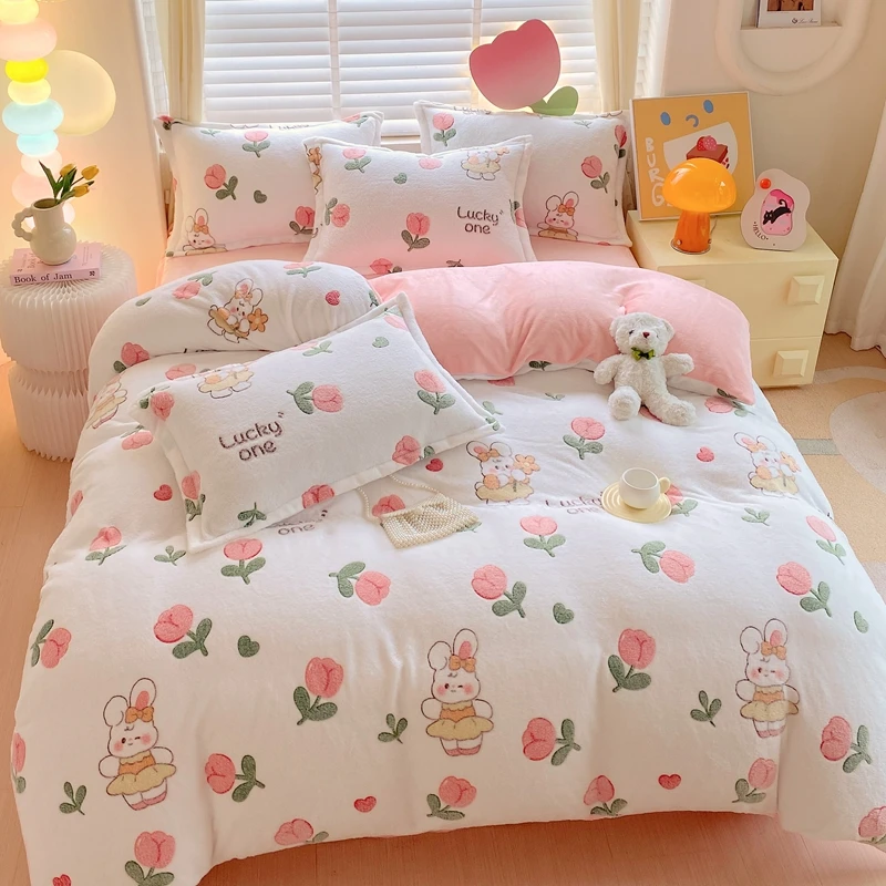 1PC Pink Bunny Tulip Flannel Duvet Cover, Cute Pattern Soft Bedding for Bedroom Decor