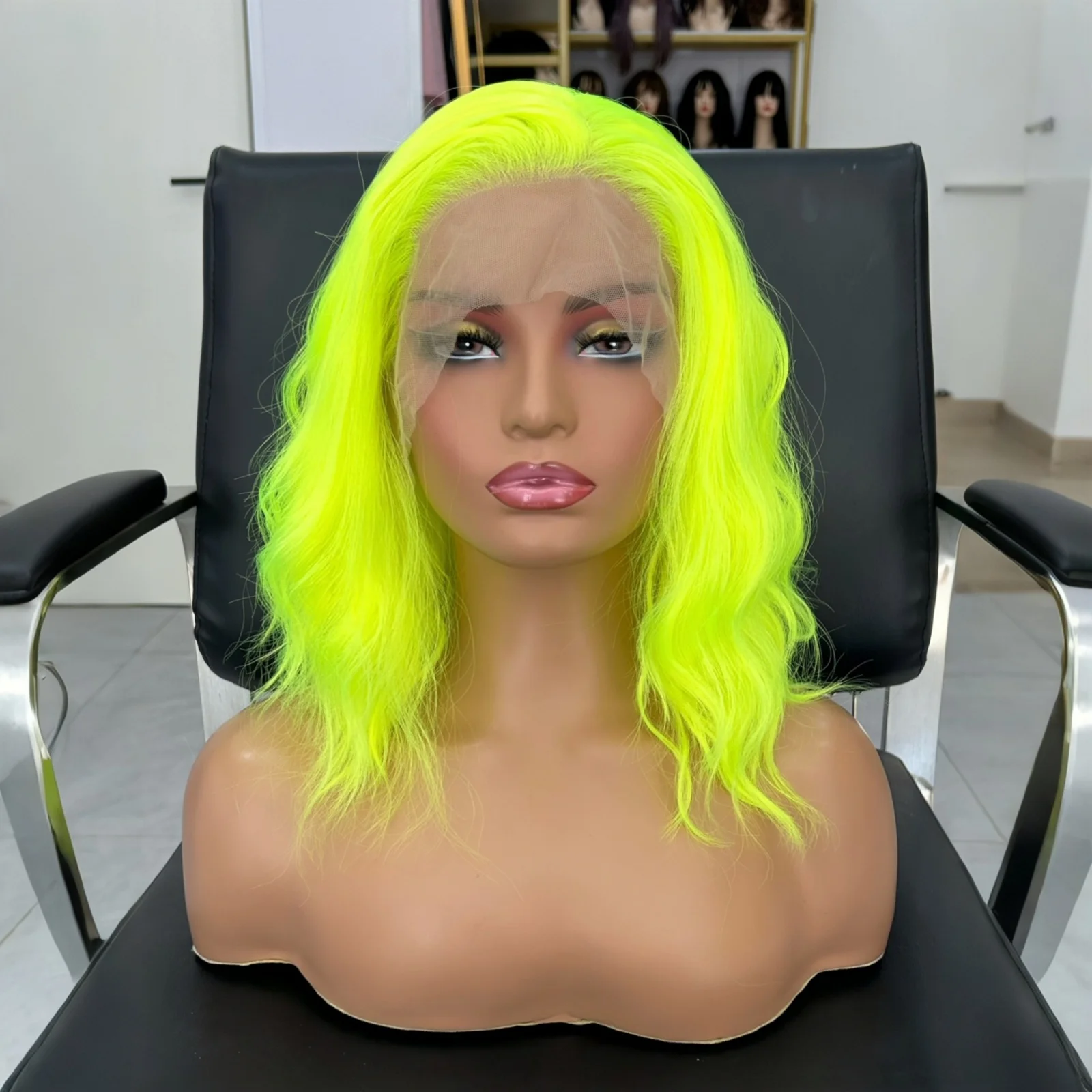 Short Curly Wavy Bob Wigs for Women Synthetic Free Part Shoulder Length Neon Green 13X4 Lace Front Wigs for Party Cosplay