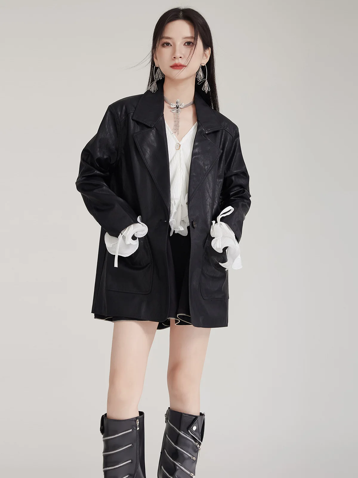 Jaqueta Feminina Nova Coleção Primavera 2026: Casaco Solto de Couro PU Estilo Retrô Americano Casual