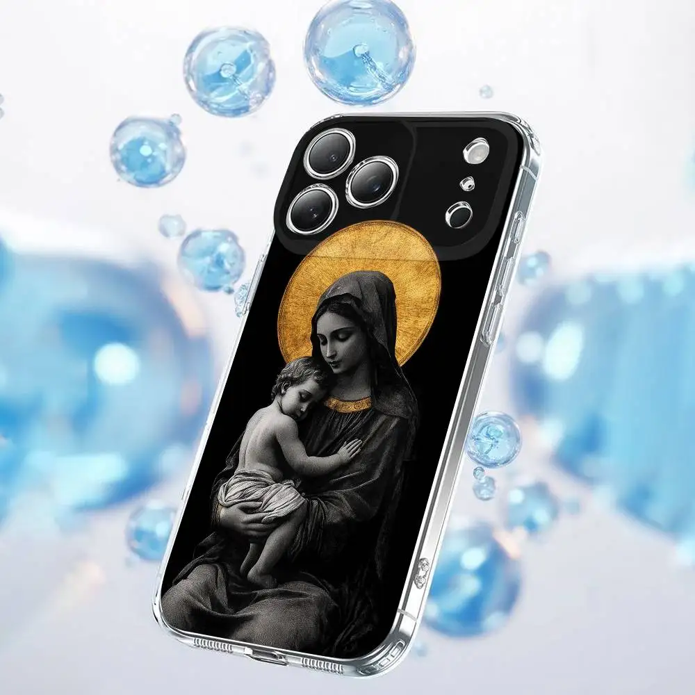 聖母マリアとイエス・キリストのスマホケース iPhone 17、16、15、14、13、12、11 Plus、Pro、Max、Plus、E、SE4、Air、Mini用 透明
