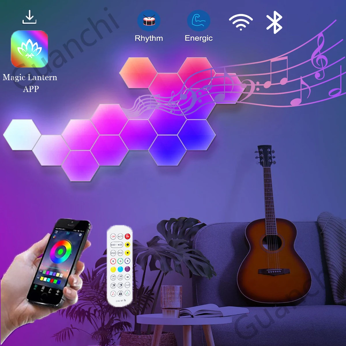 Lámpara de pared Hexagonal RGB, luz LED inteligente con Bluetooth, aplicación Wi-Fi, decoración de dormitorio inteligente para el hogar, luces de