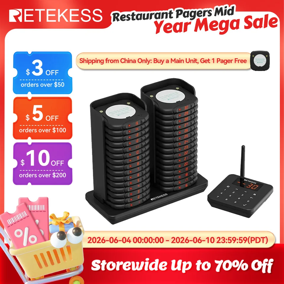 

RETEKESS TD186 Stackable Anti-Tip Restaurant Pager Wireless Calling System Vibrators Beeper Paging Bell for Coffee Food Truck