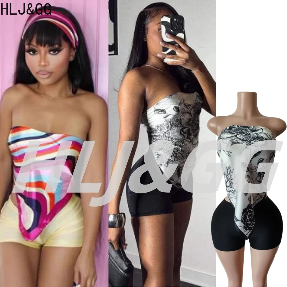 HLJ&GG Fashion Y2K Print Two Piece Sets Women Retro Pattern Sleeveless Backless Slim Scarf Crop Top And Shorts Outfit Streetwear