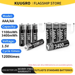 Kuugro Li-ion AAA and AA Rechargeable Batteries USB Lithium-ion 3400mWh 1.5V AA Rechargeable Batteries+1100mWh 1.5V AAA Battery