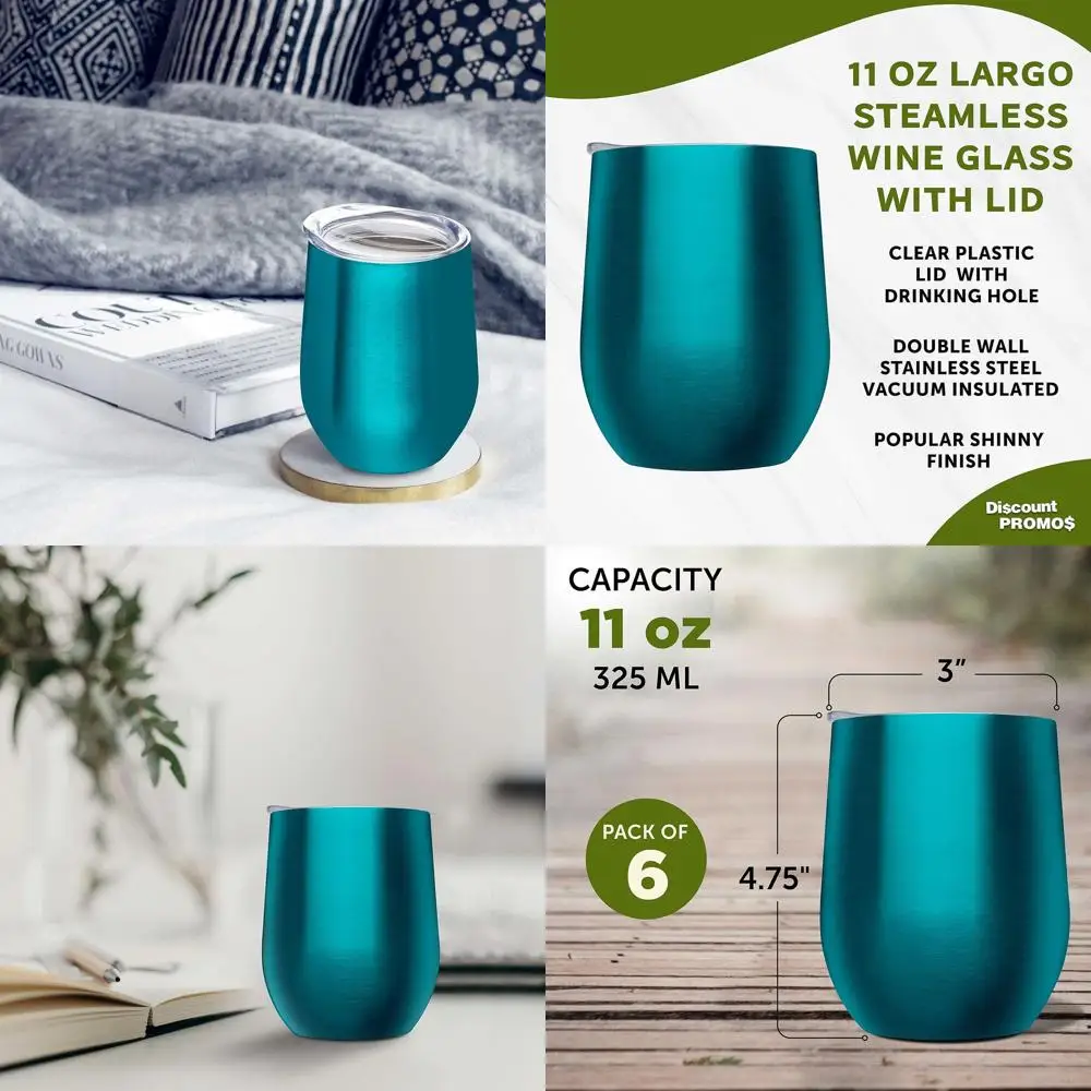 

11 oz Stemless Tumblers with Lids, Set of 6 - Ideal for Wine, Cocktails, Hot & Cold Drinks, Teal