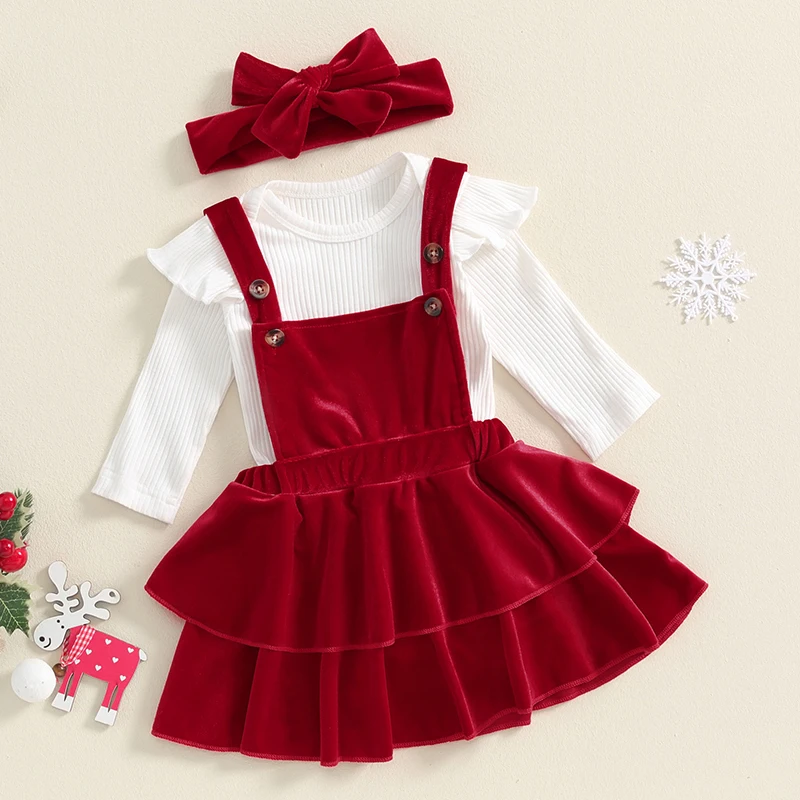 

Baby Girls Christmas Costumes Autumn Winter New Infant Outfits Ribbed Romper Velvet Ruffles Suspender Skirt Headband 3Pcs Set