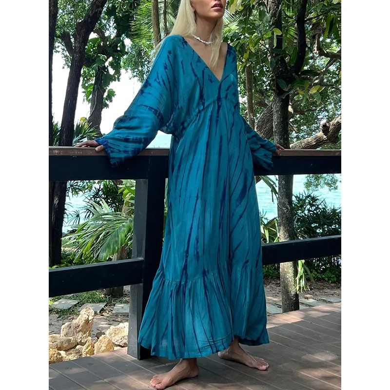 T Е Blue Bohemia Dress Donna 2025 Primavera Autunno Vintage Loose Fit Manica raglan Scollo a V Stampa Abiti longuette da spiaggia 182802