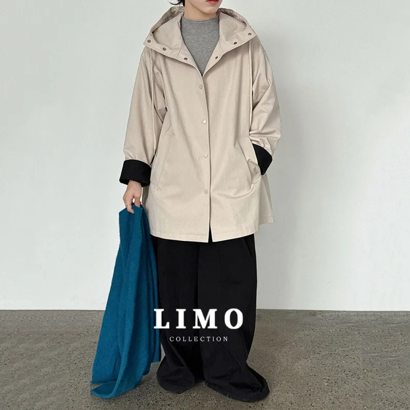

LIMO корейский стиль простой цветной блок лоскутные манжеты повседневный осенний новый свободный плащ с капюшоном для женщин
