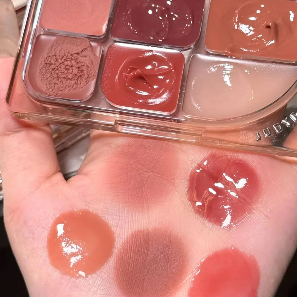 JUDYDOLL 6-Colors Matte Jelly Texture Lip Gloss Palette Lip and Cheek Dual-use DlY Blusher Gel Crystal Red Lipstick With Brush