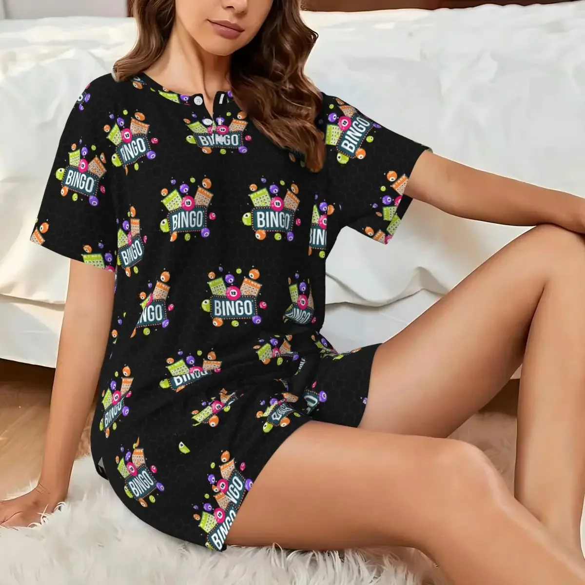 

Come For Bingo Game Round Neck Short Sleeve Nightgowns for Sleeping Sleepshirts Women Loose Pajama Set Short Pants