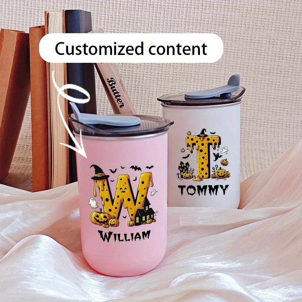 Personalized Halloween Initial Tumbler Custom Name Pumpkin Haunted House Design Wine Cup Halloween Party Favor Keepsake Gift.